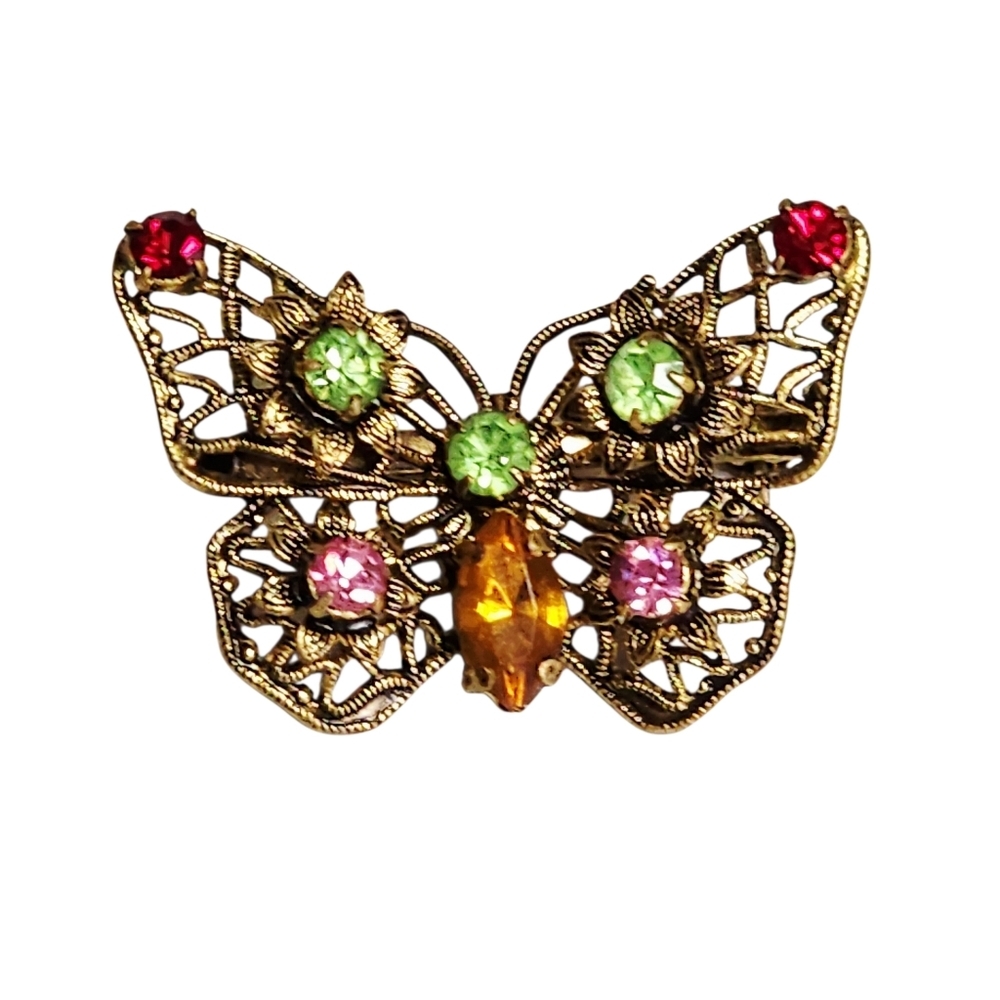Filigree Butterfly Brooch Vintage Openwork Multiple Colors Rhinestone